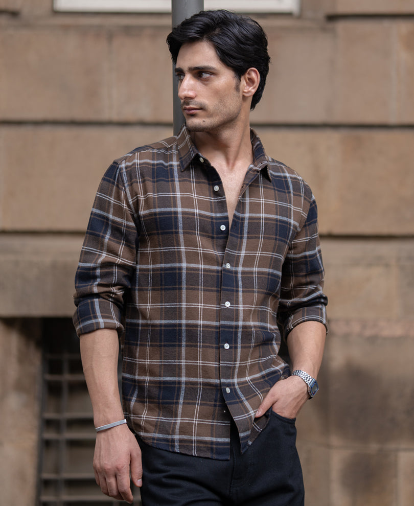 Brown Structured Checks Shirt 100% Cotton