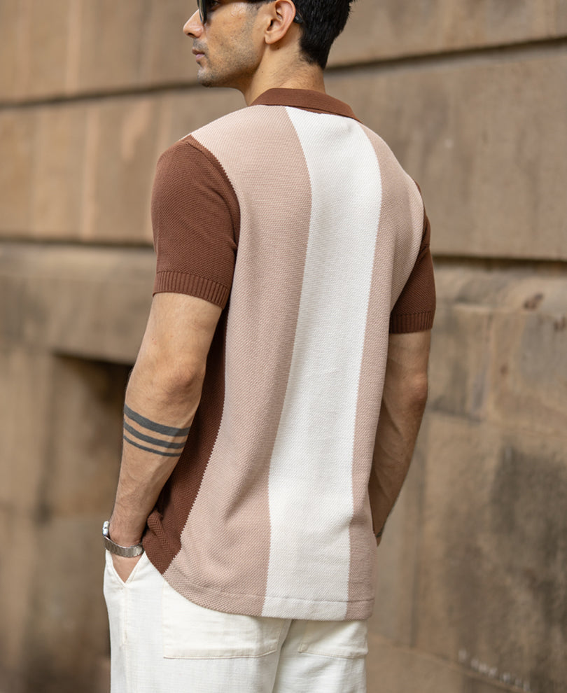 Beige & Brown Knit Stripe T-Shirt 100% Cotton