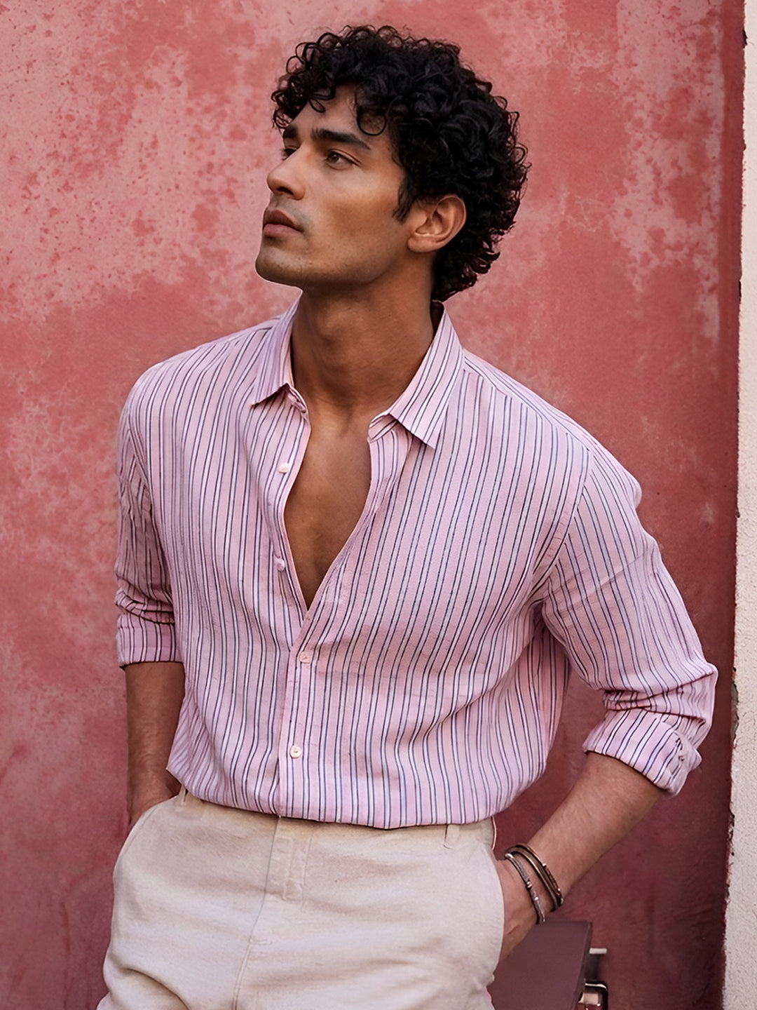 Pastel Pink Linen Blend Stripe Shirt