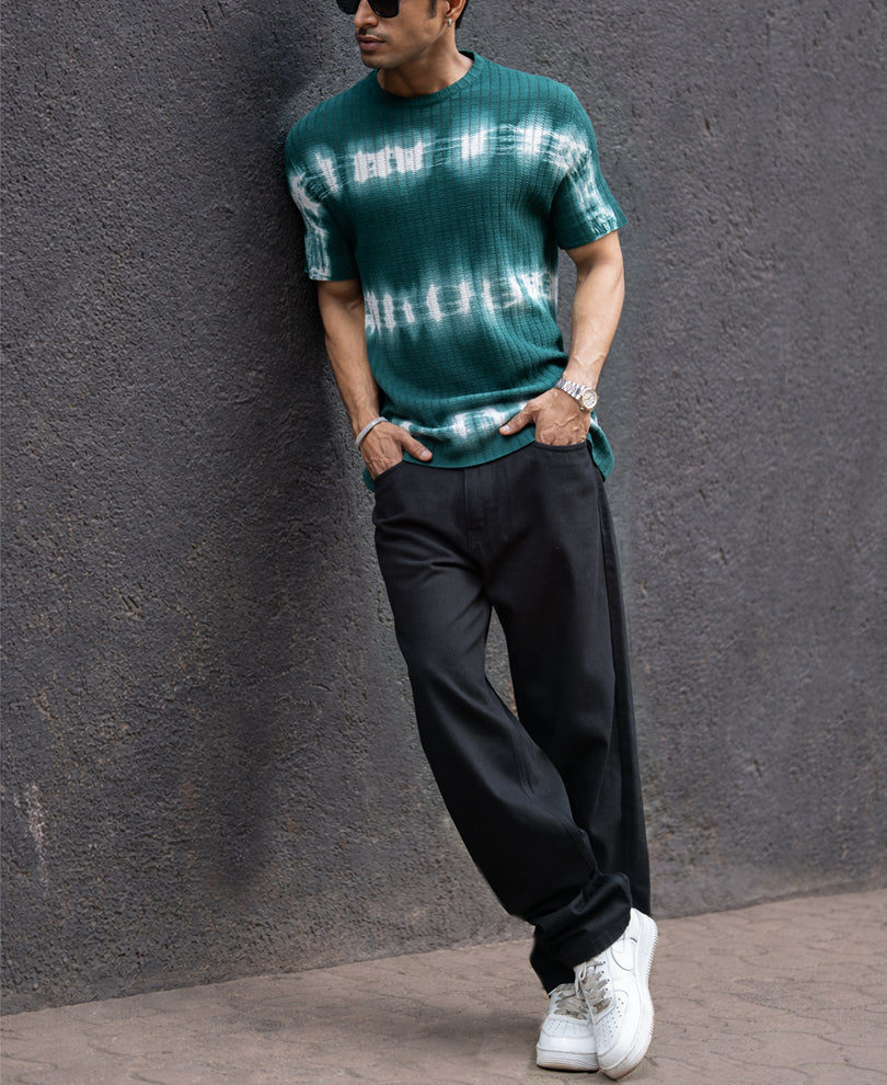 Dark Green Tie Dye Knit T-Shirt 100% Cotton