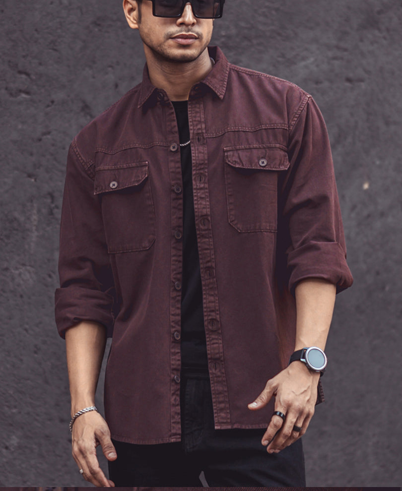 Dark Brown Denim Shacket Full Sleeves Shirt 100% Cotton