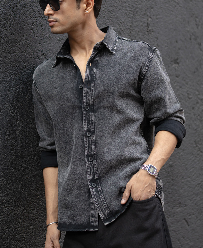 Charcoal Black Washed Denim Overshirt 100% Cotton