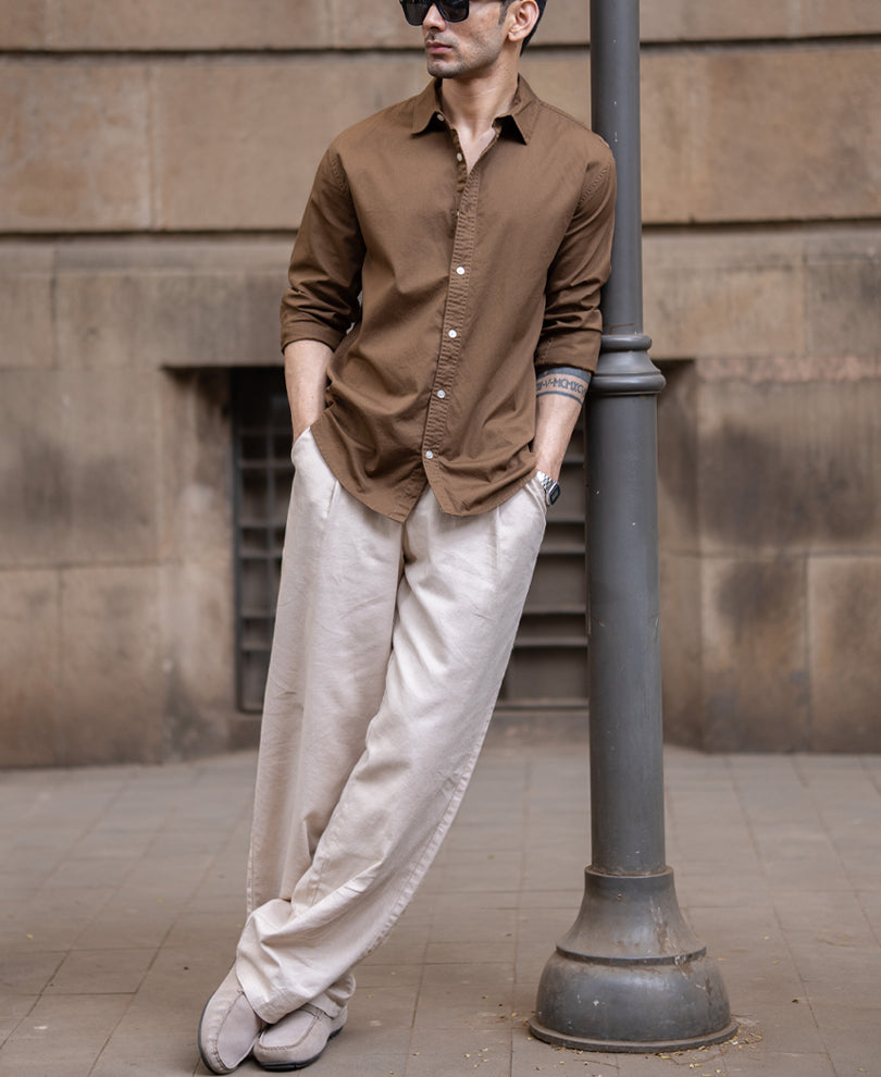 Tan Brown Washed Shirt 100% Cotton