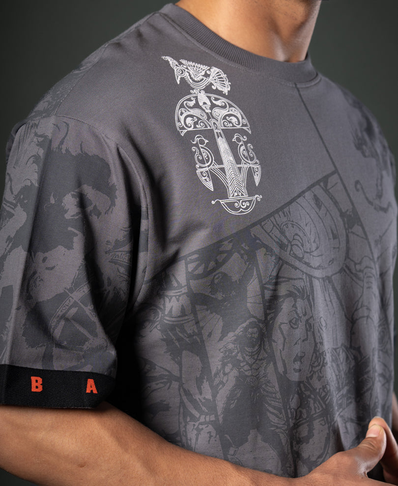 Grey Mahabharata Print T-Shirt 100% Cotton