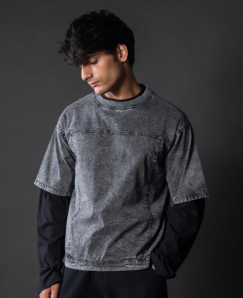 Grey Washed Panelled T-Shirt 100% Cotton