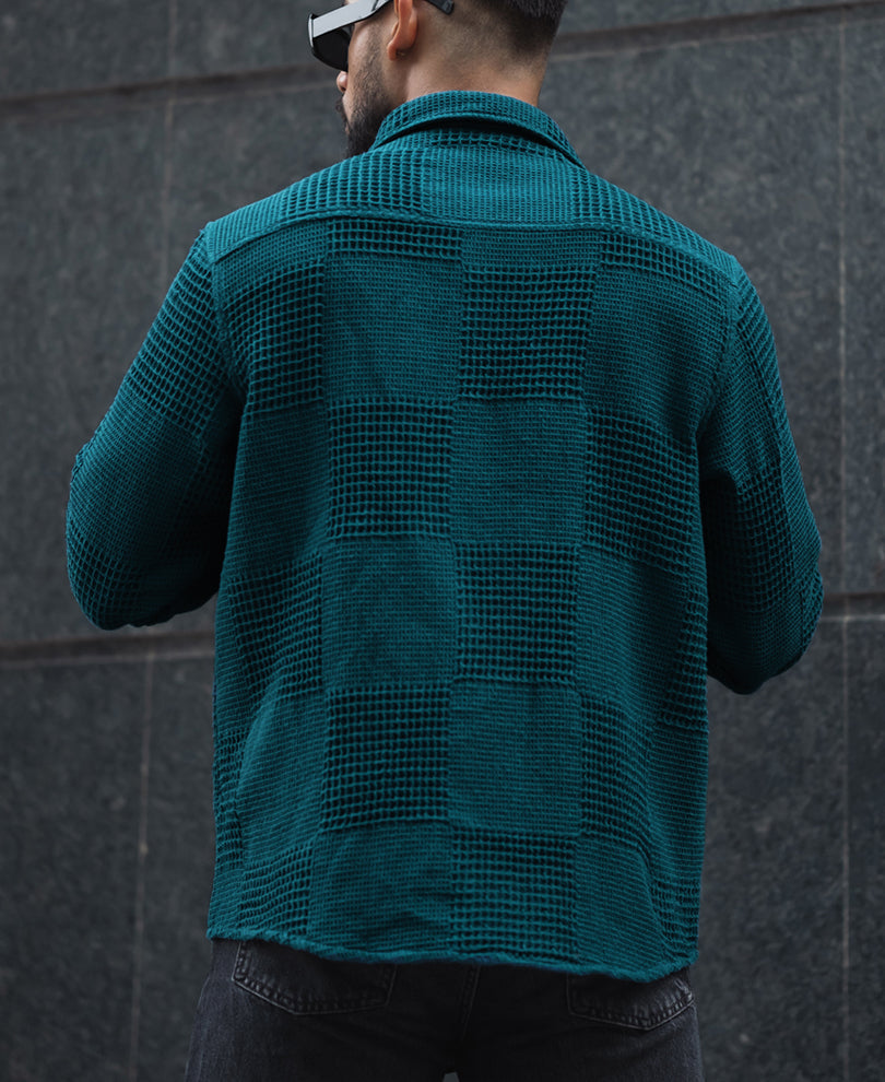 Teal Blue Waffle Structure Regular Fit Full Sleeves Shirt