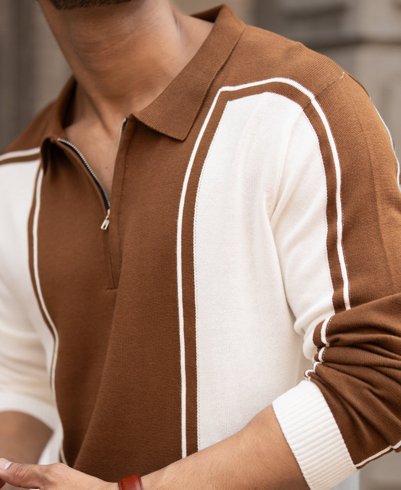 Brown-White Colour Blocked Polo T-Shirt 100% Cotton