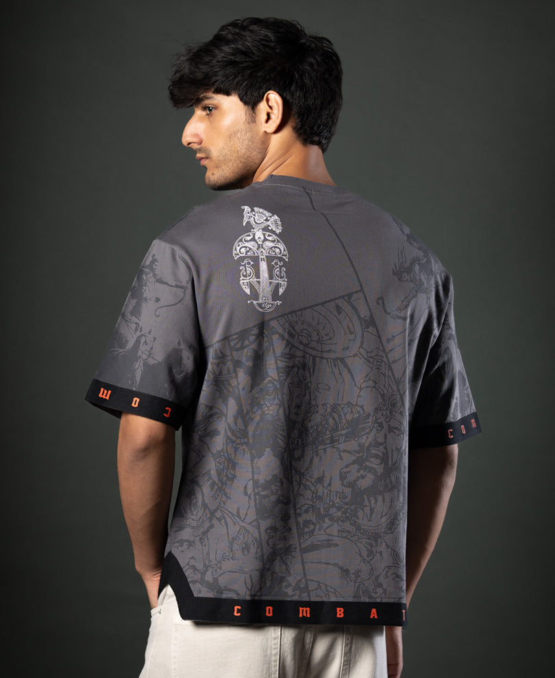 Grey Mahabharata Print T-Shirt 100% Cotton