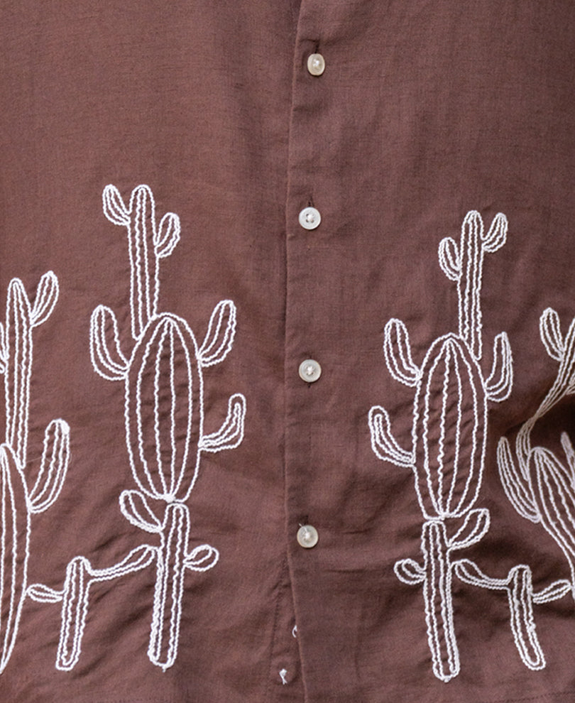 Brown Linen Blend Embroidery Shirt