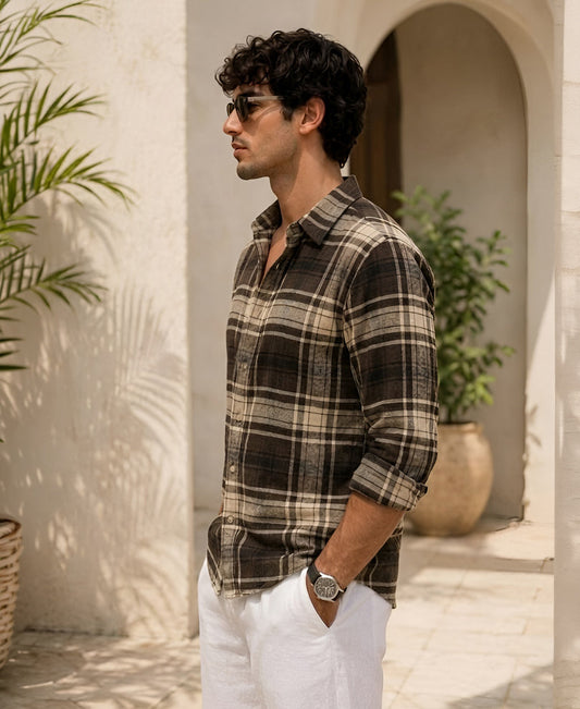 Brown & Off-White Structured Checks Shirt 100% Cotton