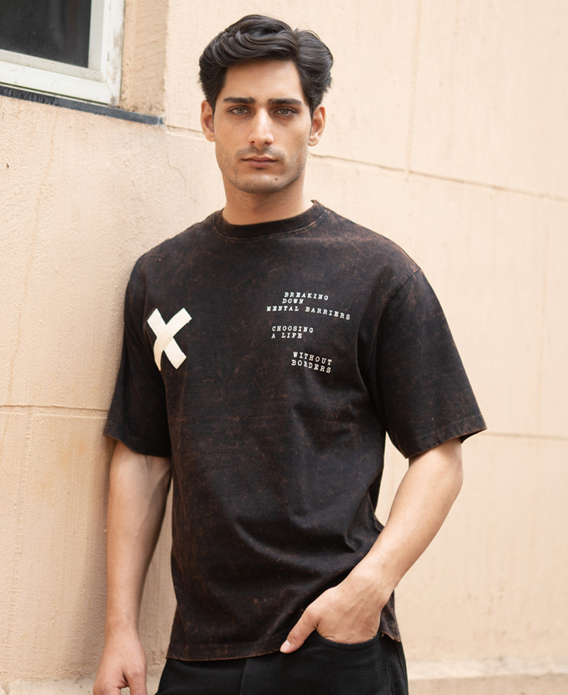 Dark Brown Washed Printed Oversized T-Shirt 100% Cotton