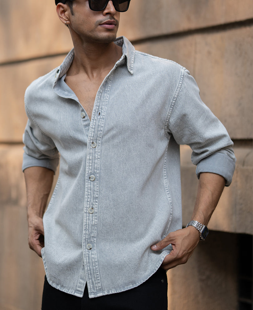 Grey Washed Denim Shirt 100% Cotton