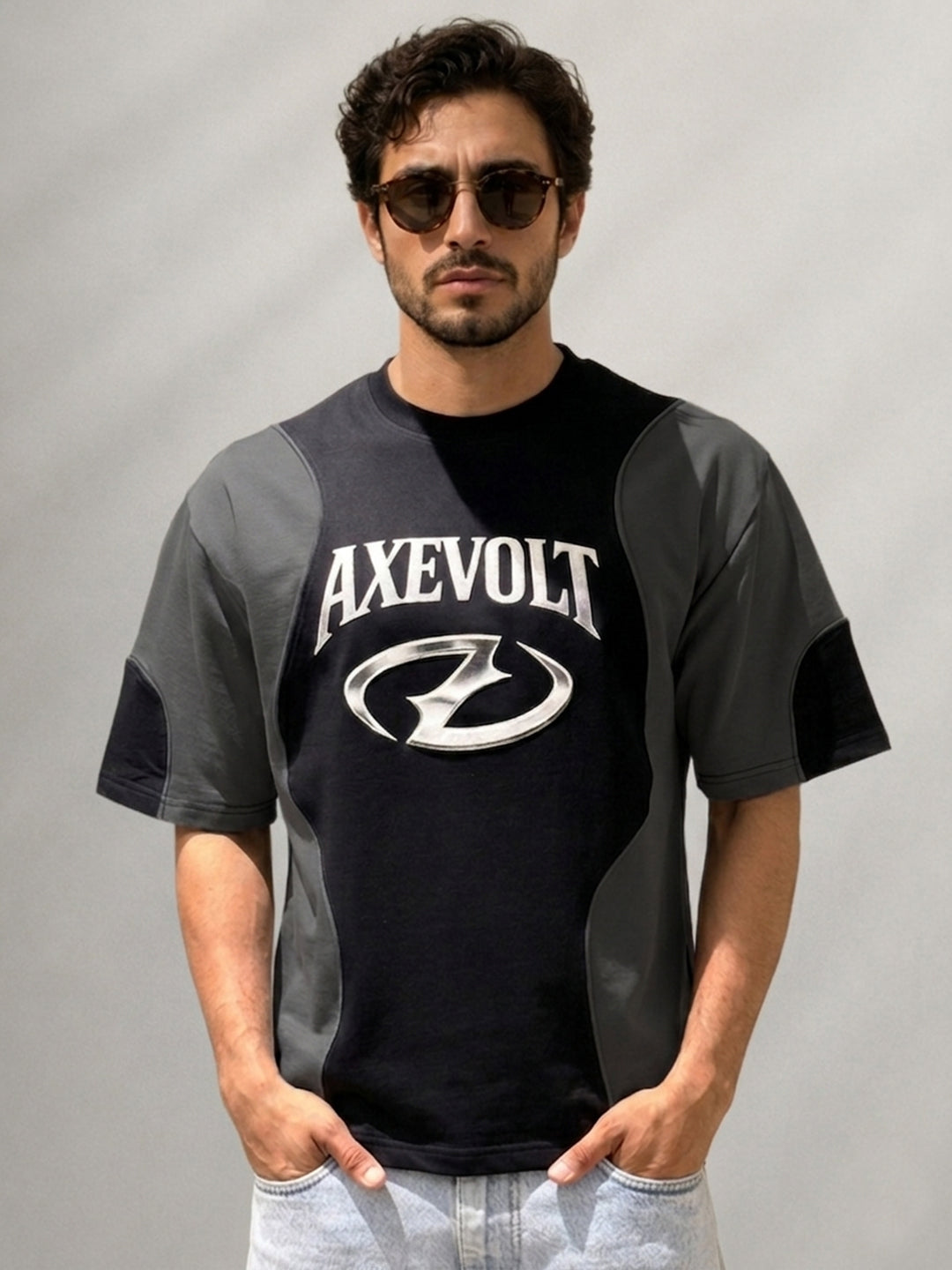 Black & Grey Graphic Panel T-Shirt 100% Cotton