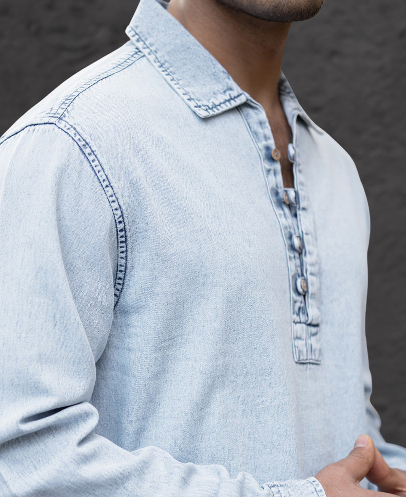 Light Blue Denim Kurta Shirt 100% Cotton