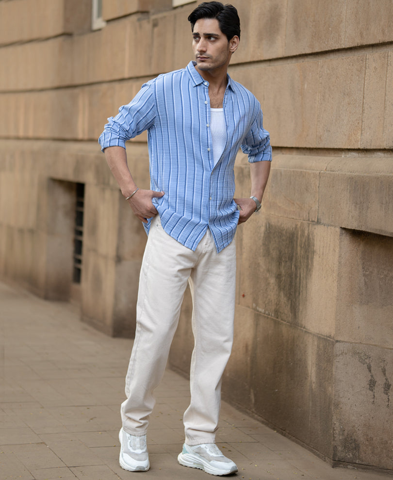 Blue Double Cloth Striped Shirt 100% Cotton