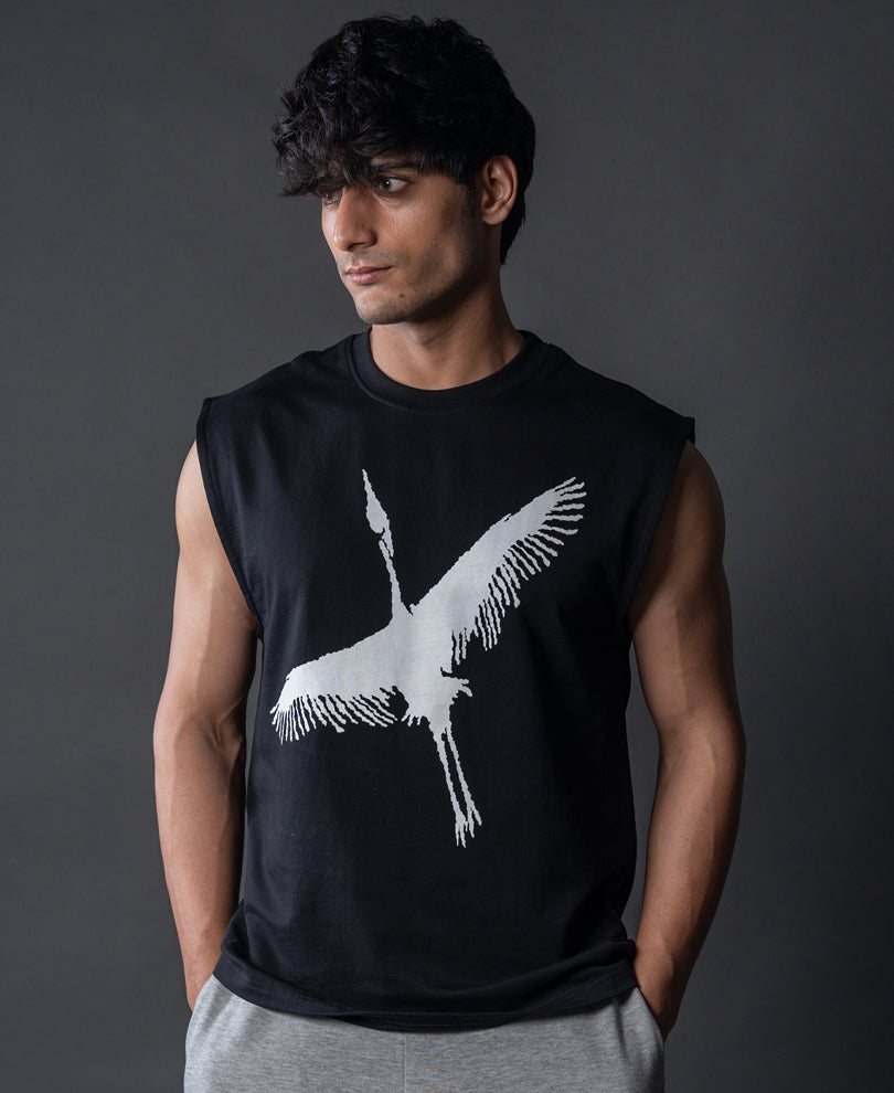 Heron Print Black Vest 100% Cotton