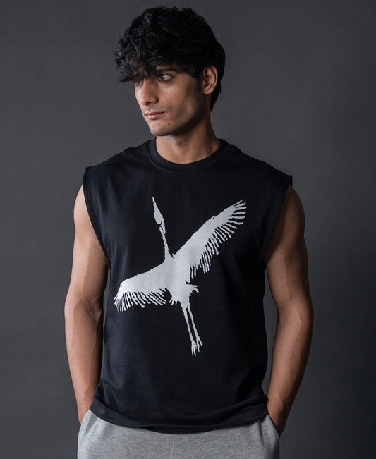 Heron Print Black Vest 100% Cotton