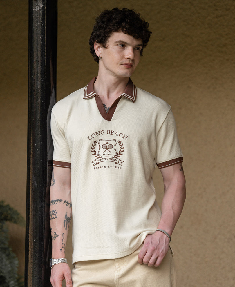 Cream Contrast Embroidery T-Shirt 100% Cotton