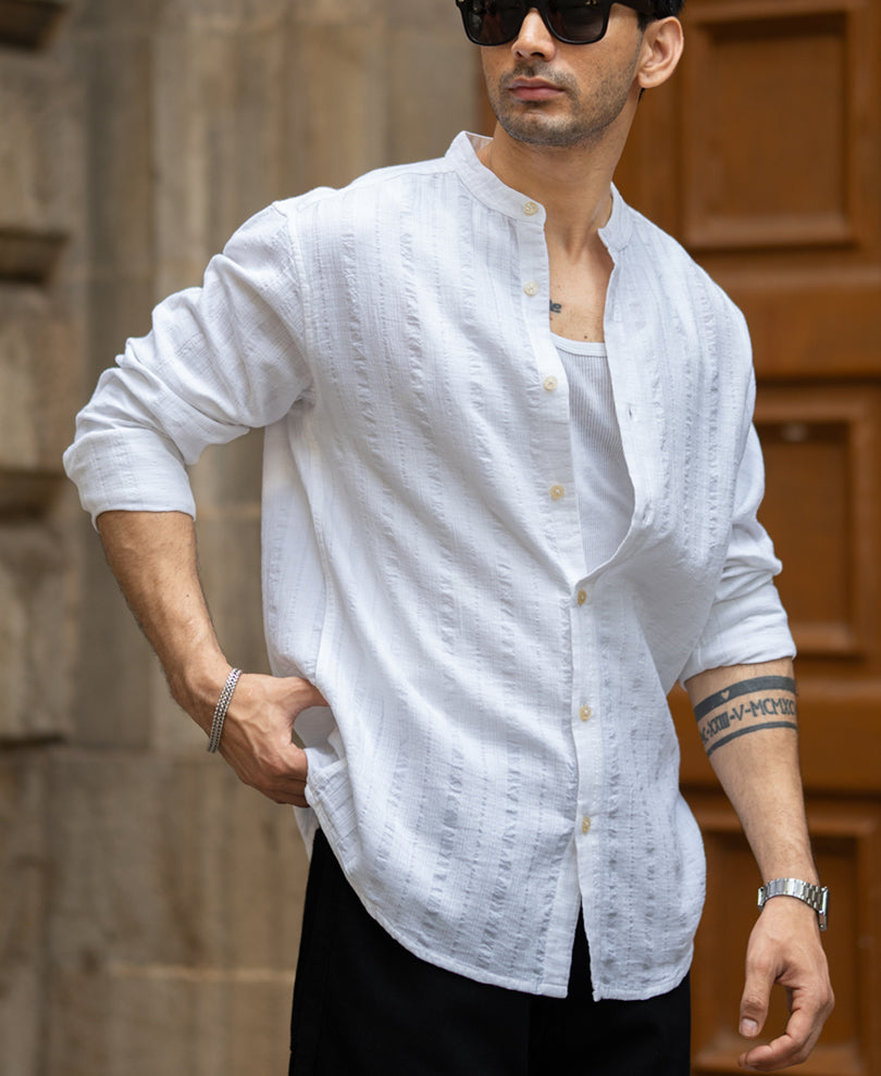 White Chinese Collar Structure Shirt