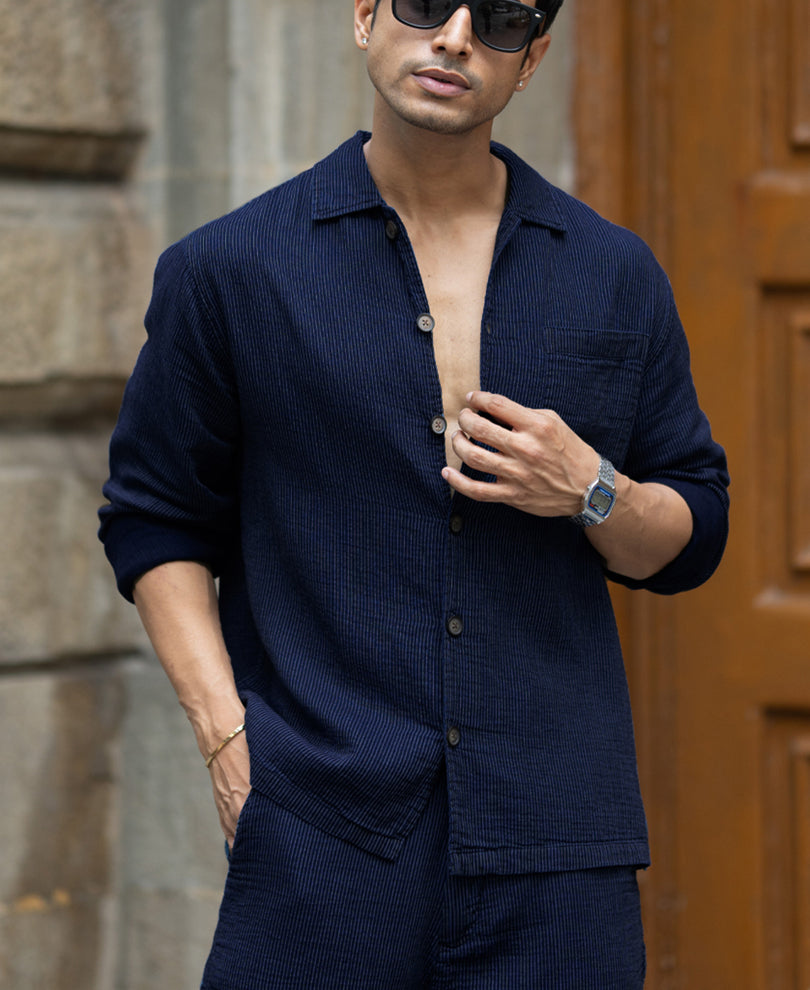 Navy Double Cloth Stripe Co-Ord Set 100% Cotton