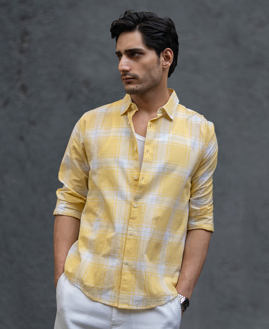 Yellow Lightweight Checks Shirt 100% Cotton