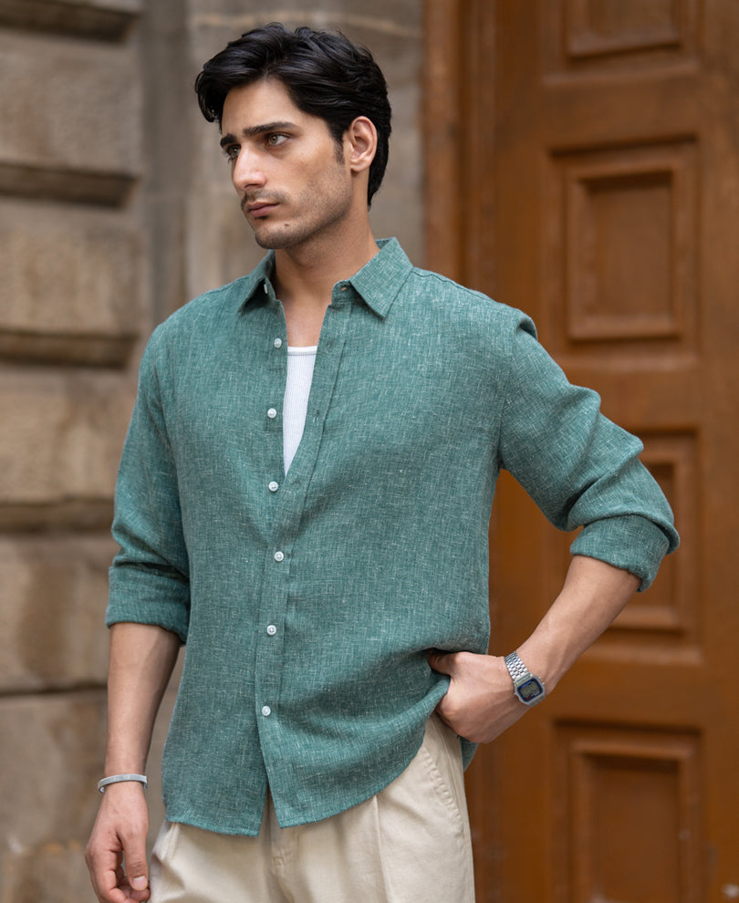 Teal Structured Linen Blend Shirt
