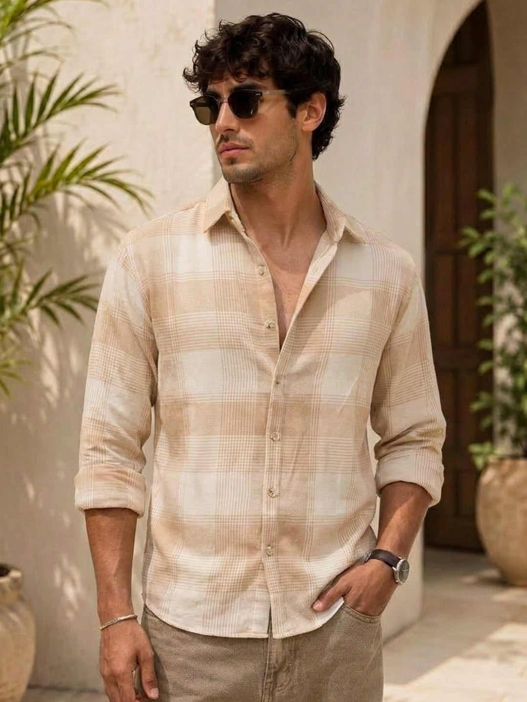 Beige Flannel Checks Shirt