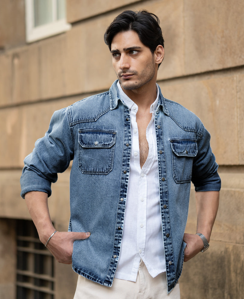Mid Blue Denim Overshirt 100% Cotton