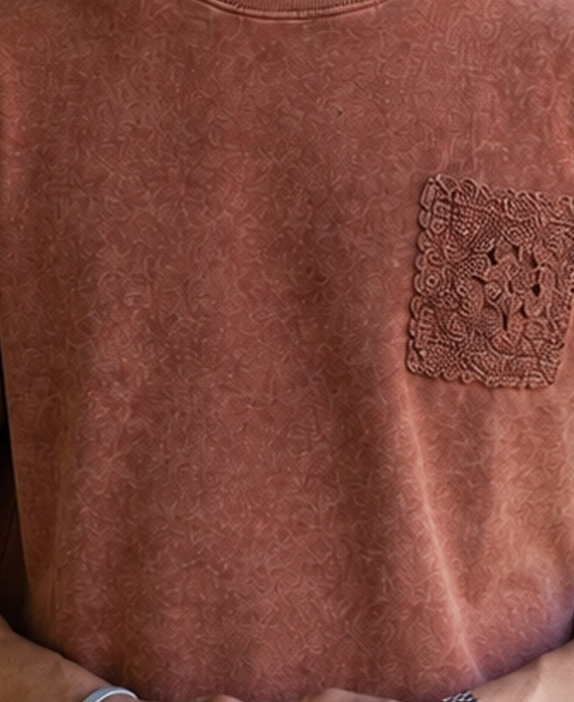 Brown Washed Crochet Patch T-Shirt