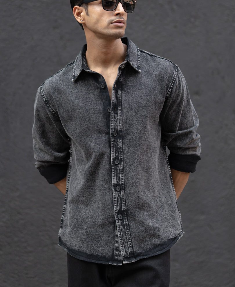 Charcoal Black Washed Denim Overshirt 100% Cotton
