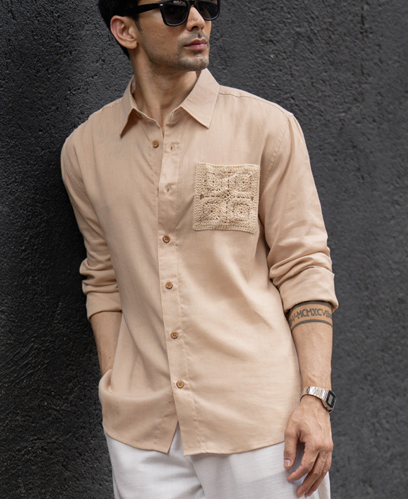 Beige Linen Crochet Patch Shirt