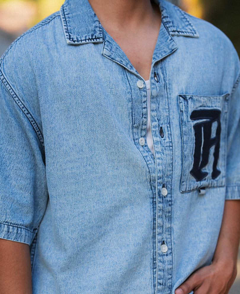 Blue Embroidered Denim Shirt 100% Cotton