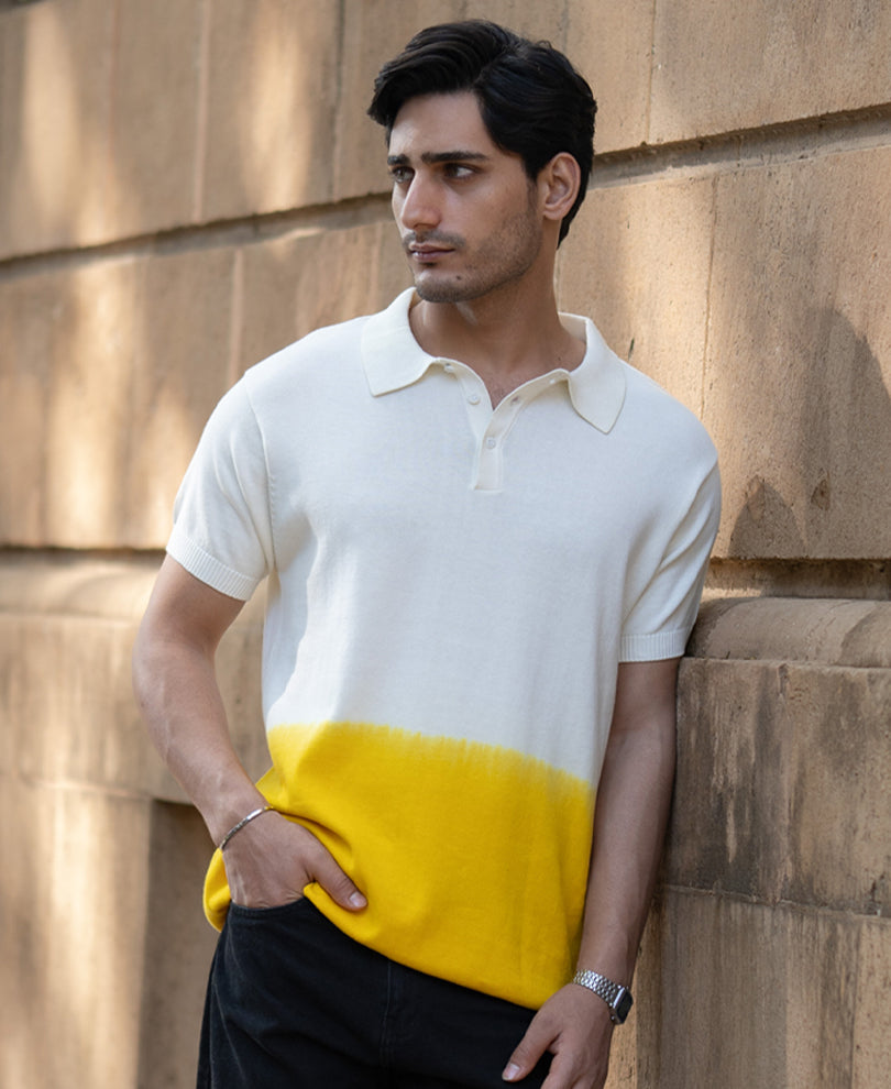 Yellow Ombre Knit Polo T-Shirt 100% Cotton