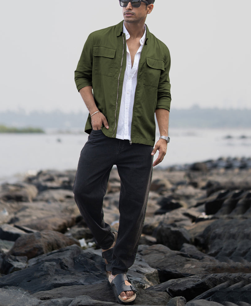 Olive Structured Zipper Overshirt 100% Cotton