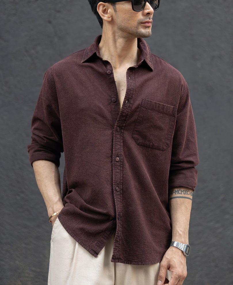 Dark Brown Washed Structure Shirt 100% Cotton