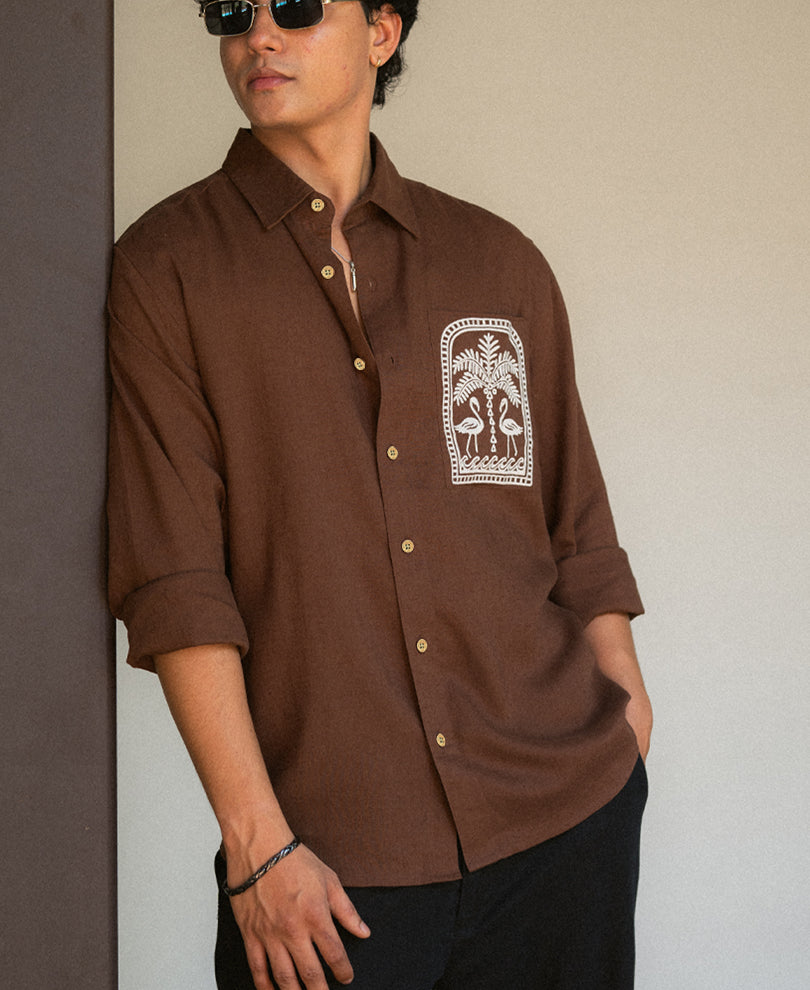 Brown Linen Blend Embroidery Shirt