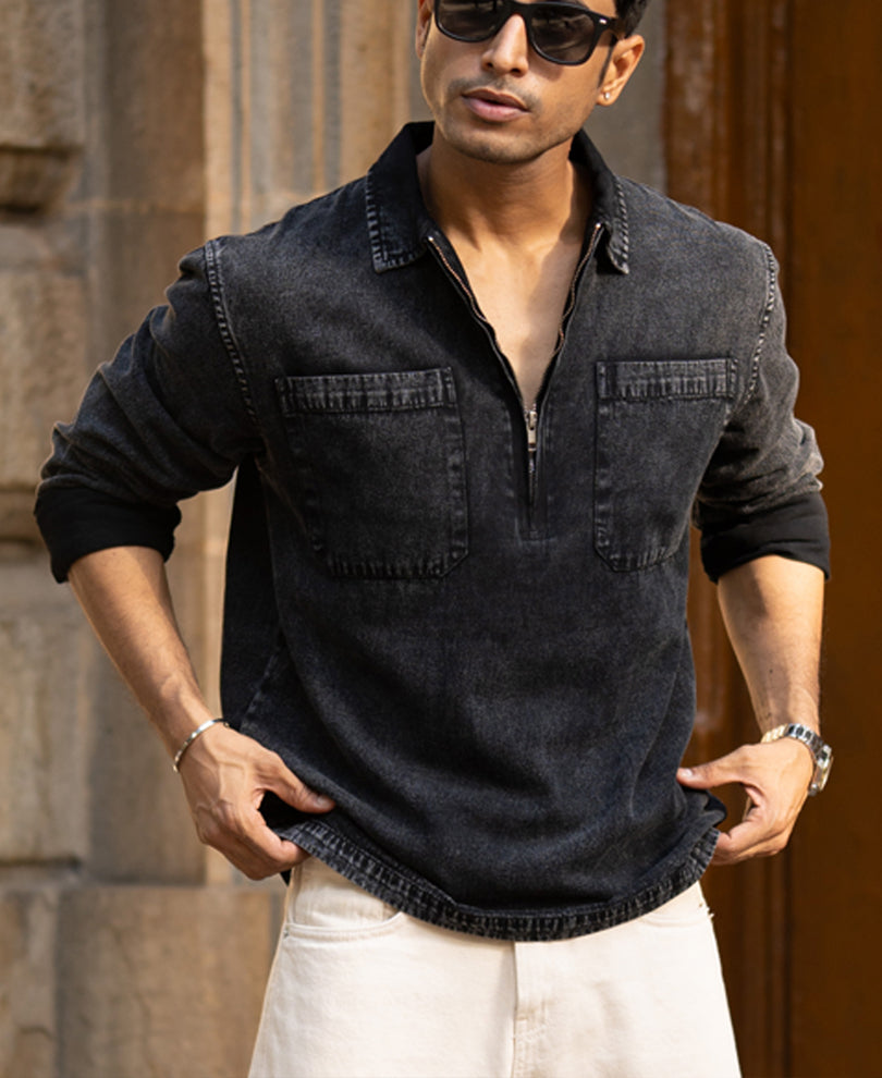 Black Washed Denim Polo Shirt 100% Cotton
