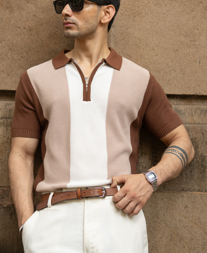 Beige & Brown Knit Stripe T-Shirt 100% Cotton