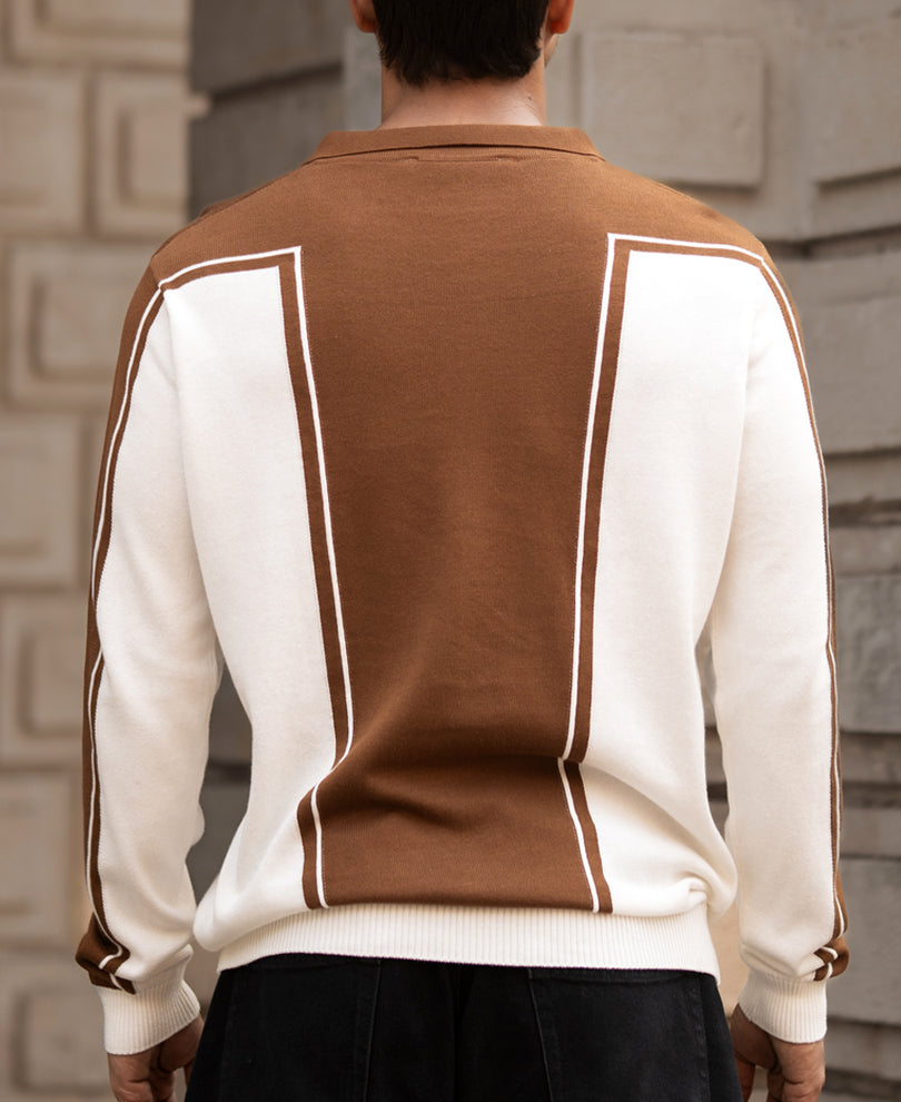 Brown-White Colour Blocked Polo T-Shirt 100% Cotton