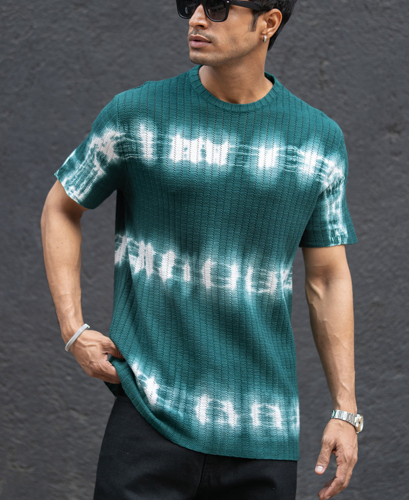 Dark Green Tie Dye Knit T-Shirt 100% Cotton