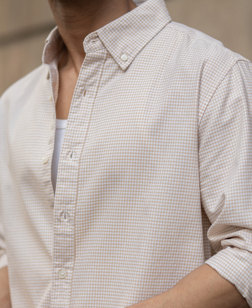 Beige Microchecks Oxford Shirt 100% Cotton