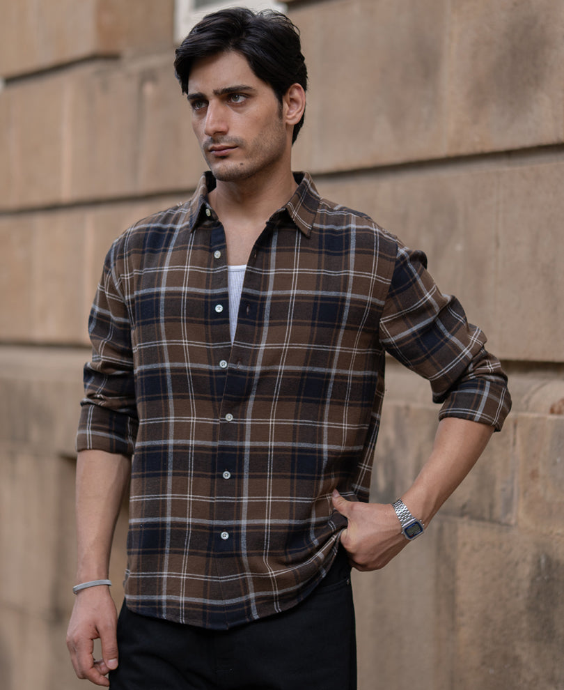 Brown Structured Checks Shirt 100% Cotton
