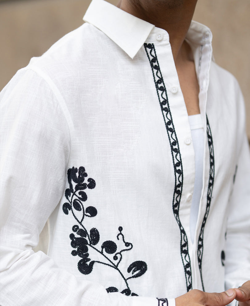 White Slub Embroidered Shirt 100% Cotton