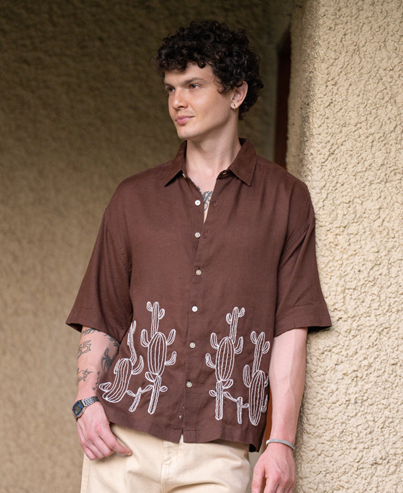 Brown Linen Blend Embroidery Shirt
