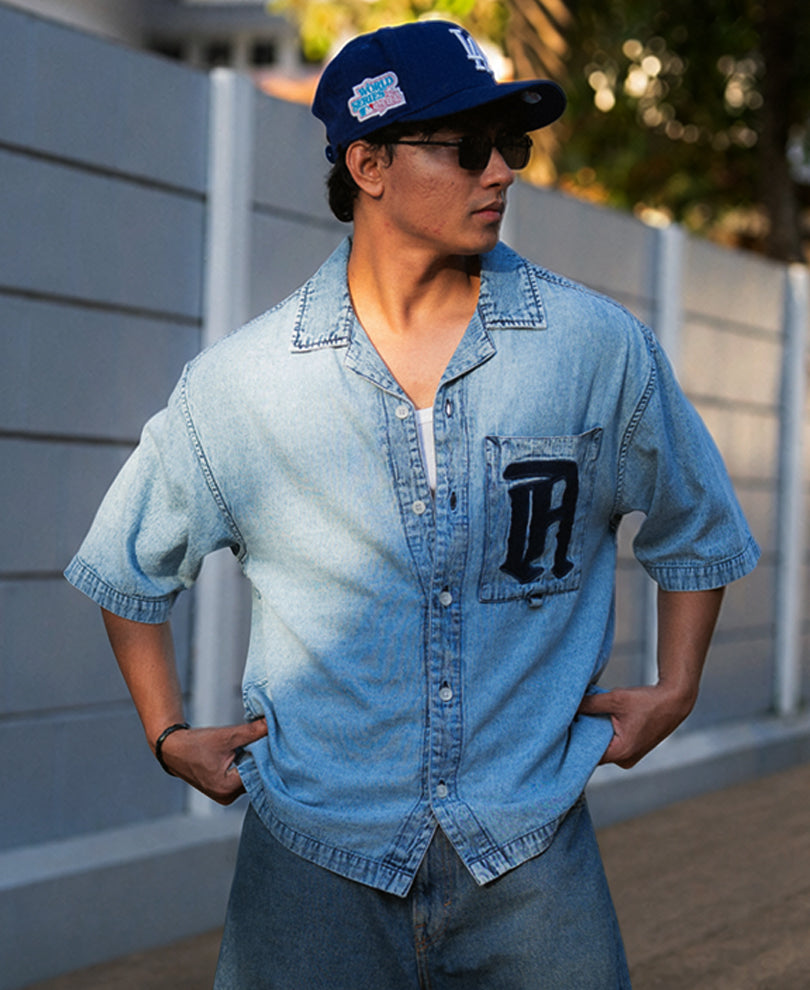Blue Embroidered Denim Shirt 100% Cotton