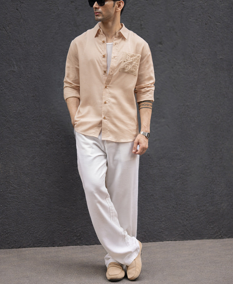 Beige Linen Crochet Patch Shirt
