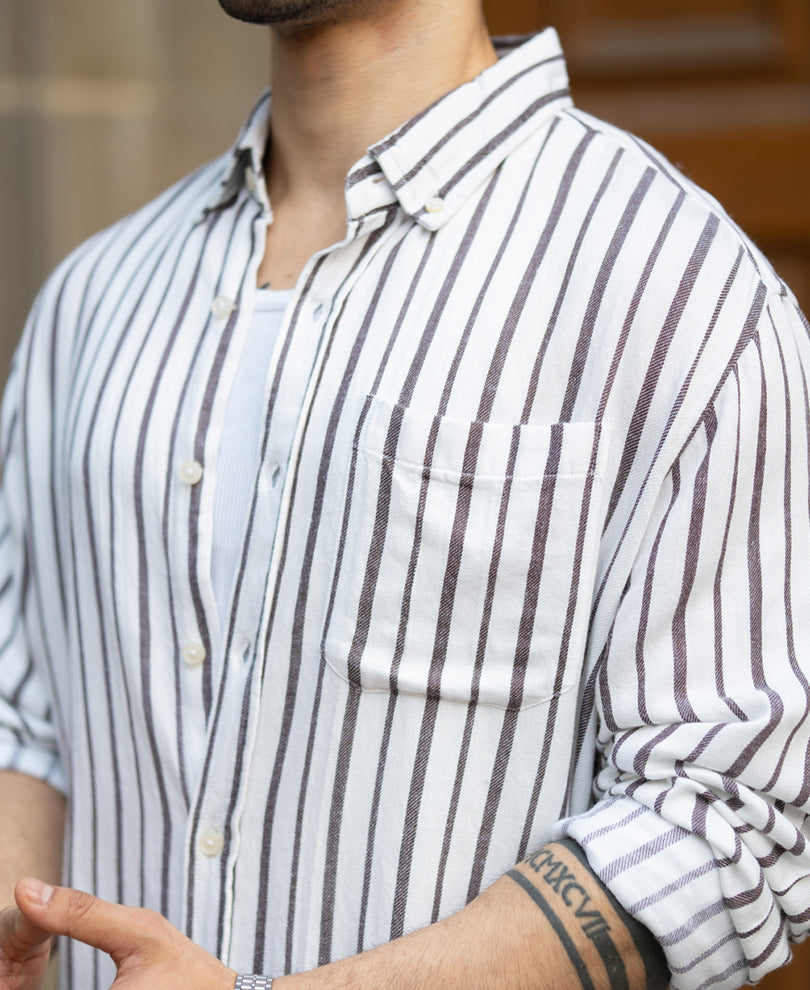 White Linen Blend Stripe Shirt