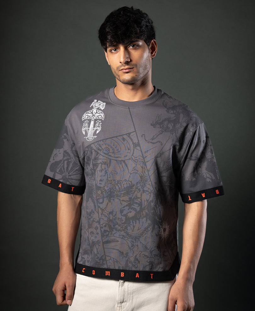 Grey Mahabharata Print T-Shirt 100% Cotton
