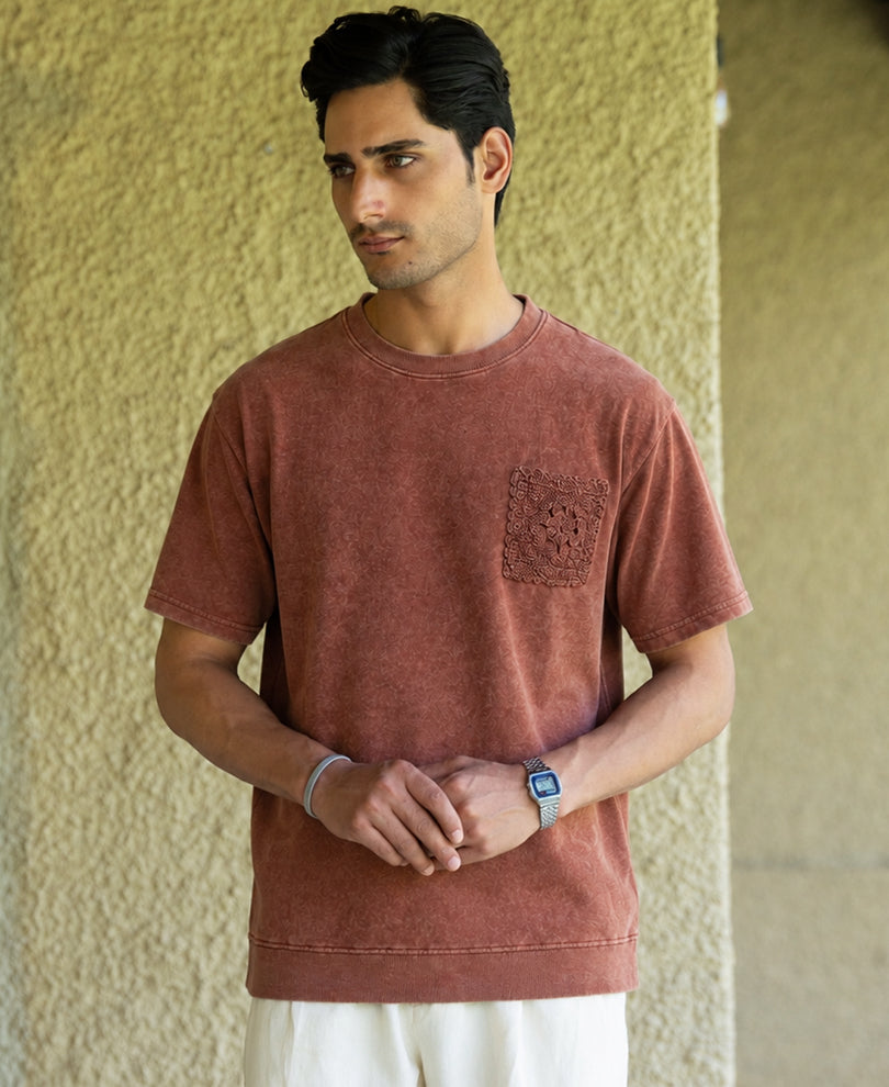 Brown Washed Crochet Patch T-Shirt