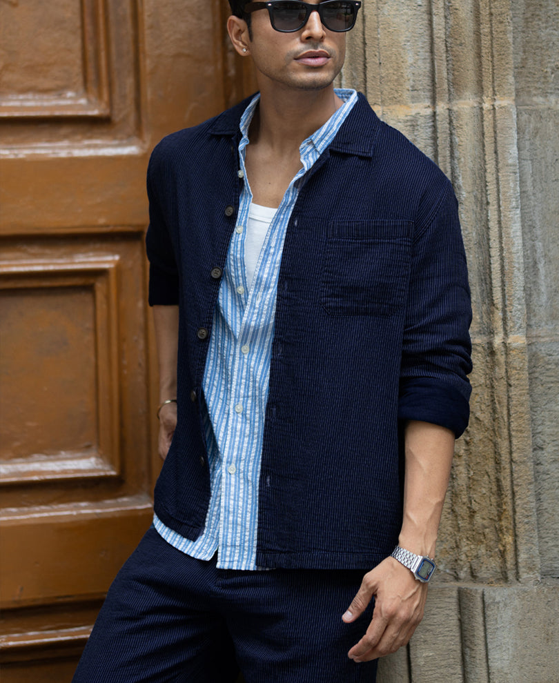Navy Double Cloth Stripe Co-Ord Set 100% Cotton